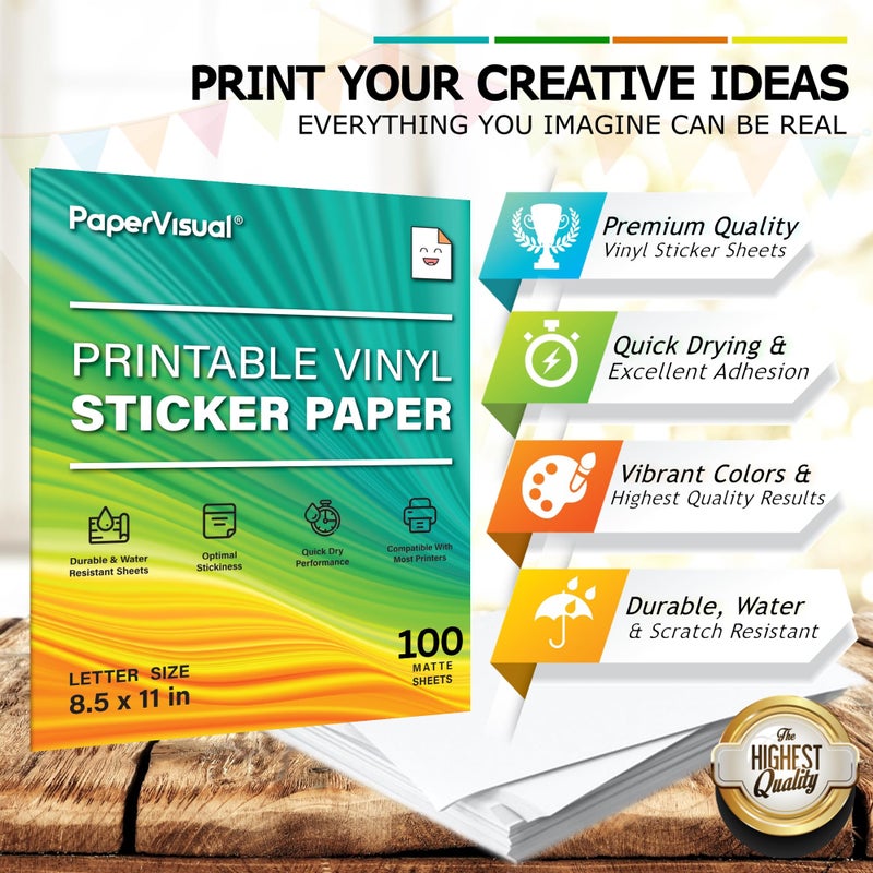 PAPERVISUAL Premium Printable Vinyl Sticker Paper for Inkjet and Laser Printer - 100 White Matte Sticker Paper Waterproof - Excellent Adhesion Paper 8.5 x 11, Fast Dry, Holds Ink Well, Great for Cutting Machines - Image 3